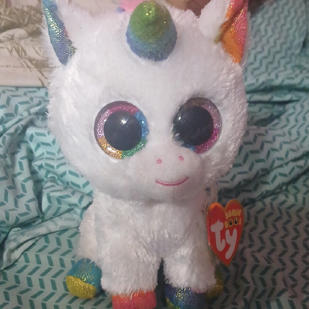 Ty White Unicorn Plush with Rainbow Accents
